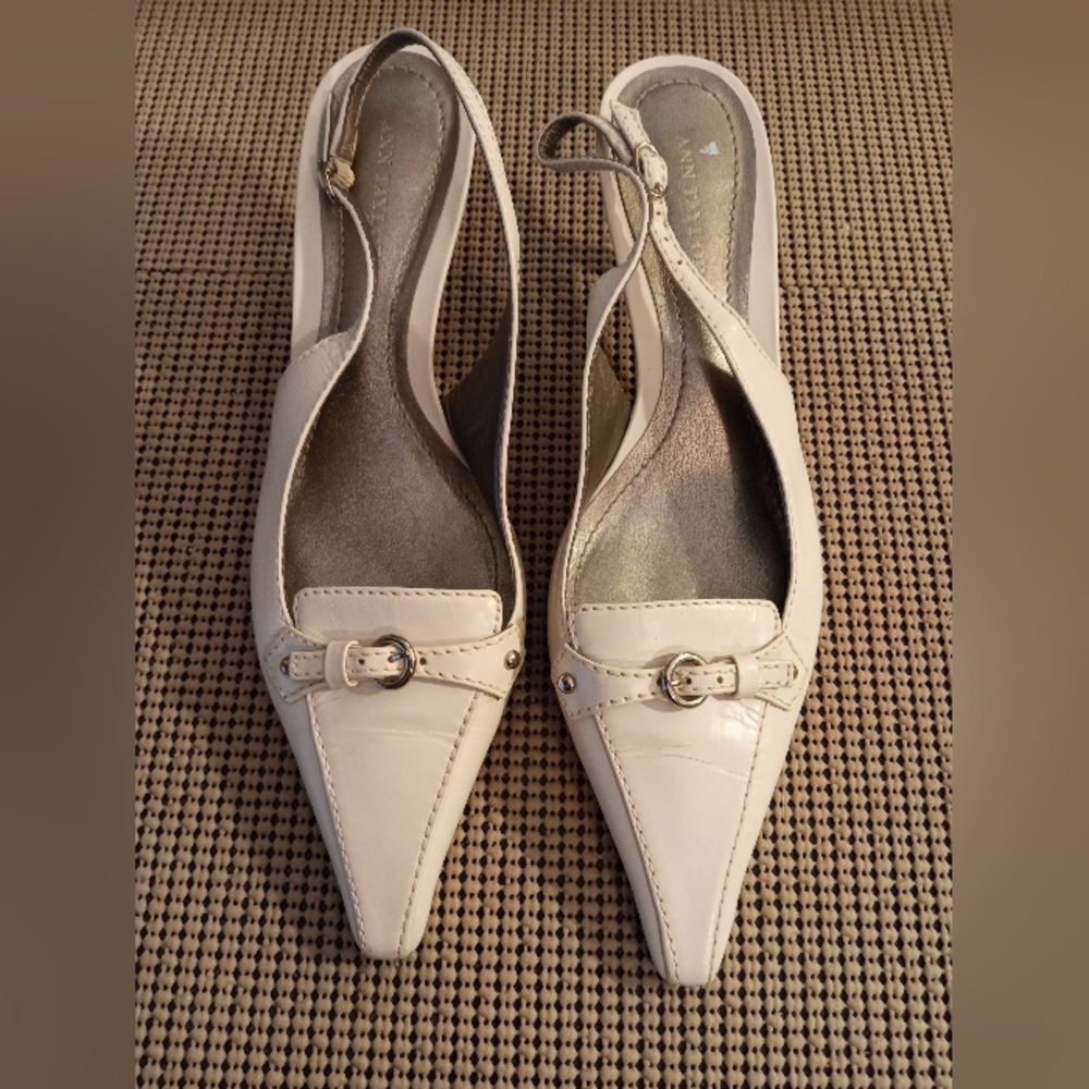 Ann Taylor White Leather Slingback Kitten Heels Sz 6.5 B